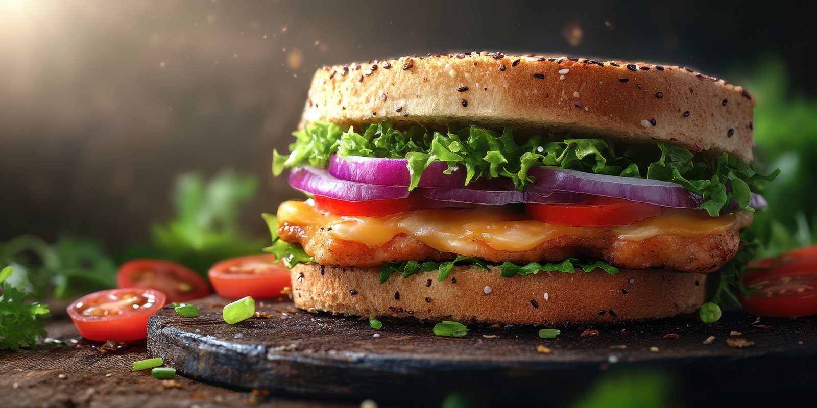 Satisfying sandwich with grilled chicken, fresh vegetables, and whole grain bread prepared on a wooden cutting board